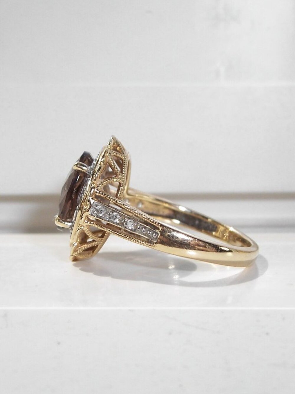 14K Yellow Gold Smoky Quartz & Diamond Halo Ring Women's Size 7 - Picture 8 of 12